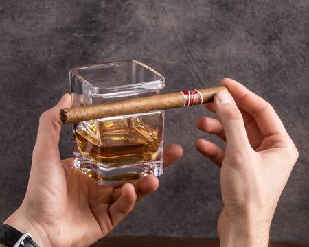 Whisky cigar holding glass