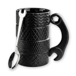 Ceramic Tire Mug with Wrench Handle and Spoon