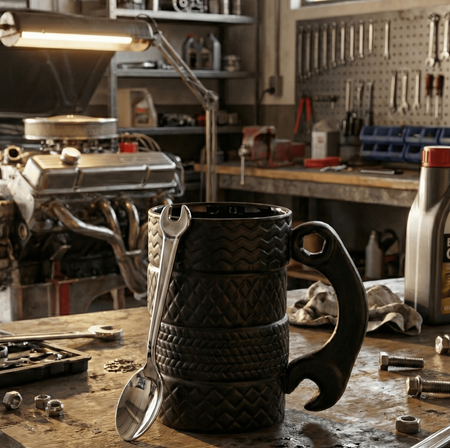 Ceramic Tire Mug with Wrench Handle and Spoon