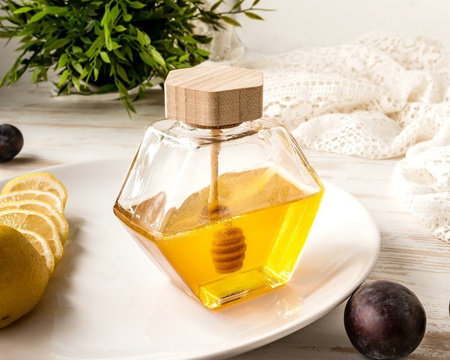 Hexagon honey jar with wooden dipper