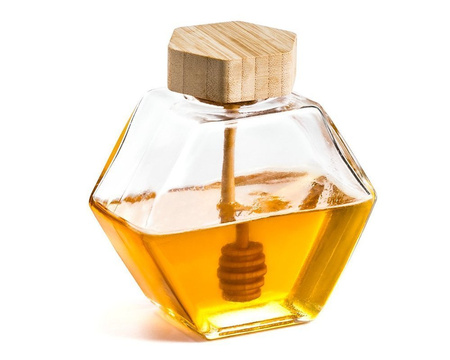 Hexagon honey jar with wooden dipper