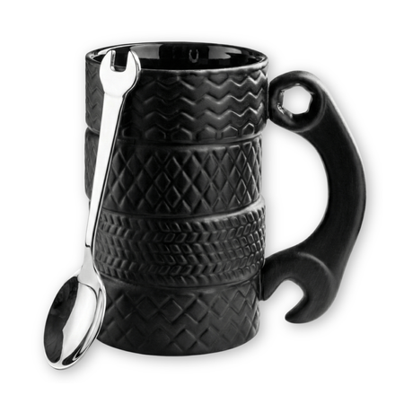 Ceramic Tire Mug with Wrench Handle and Spoon